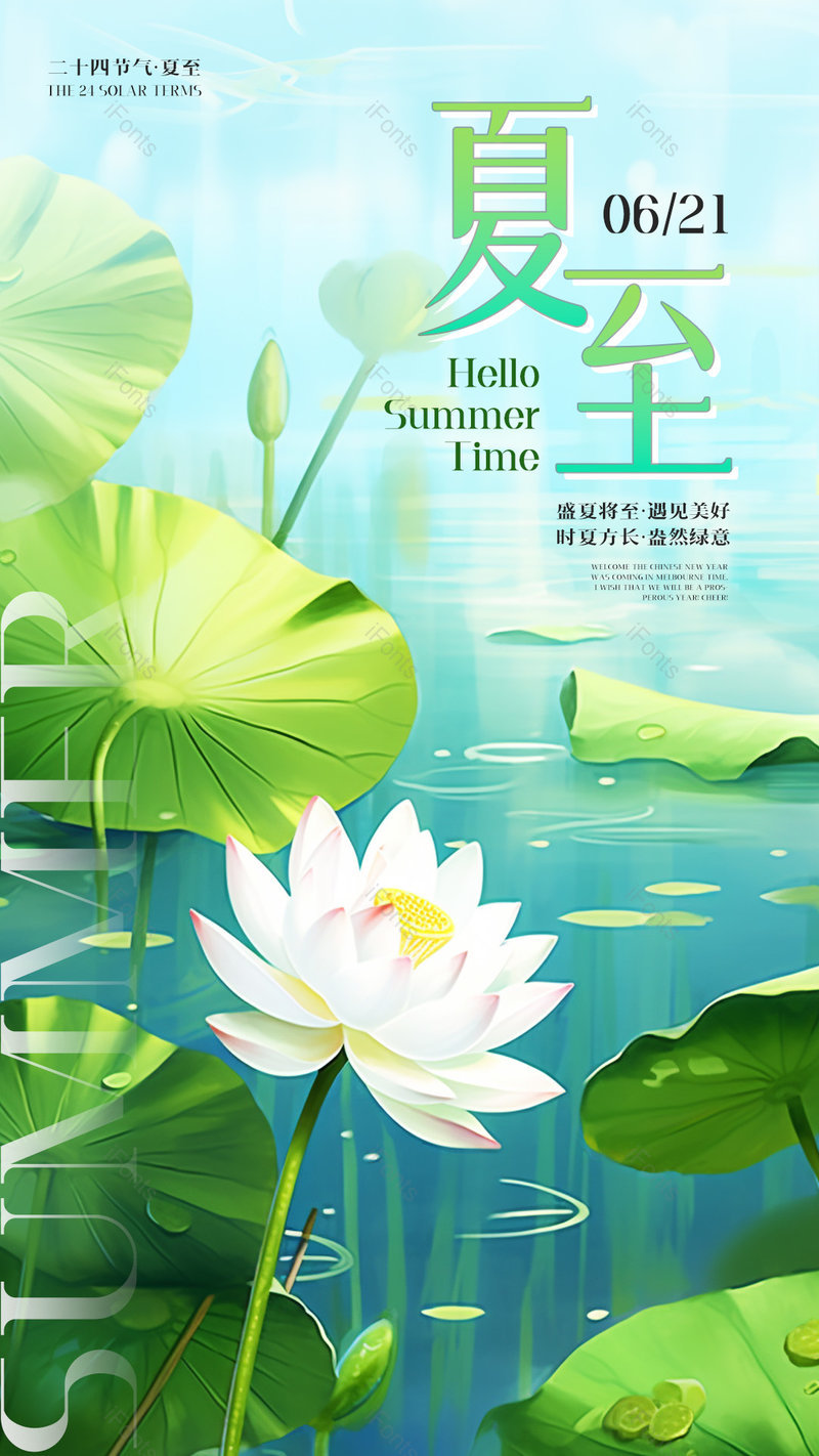 卡通手绘插画荷花荷叶夏至节气海报,设计模板,设计模板大全,设计模板下载